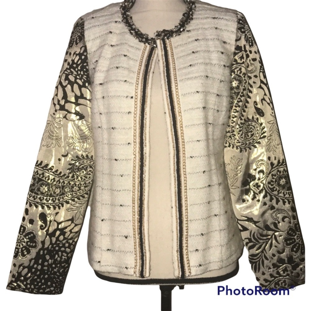 Chico’s 0 sz 4 dressy tweed shimmery chainlink detail tailored longsleeve jacket